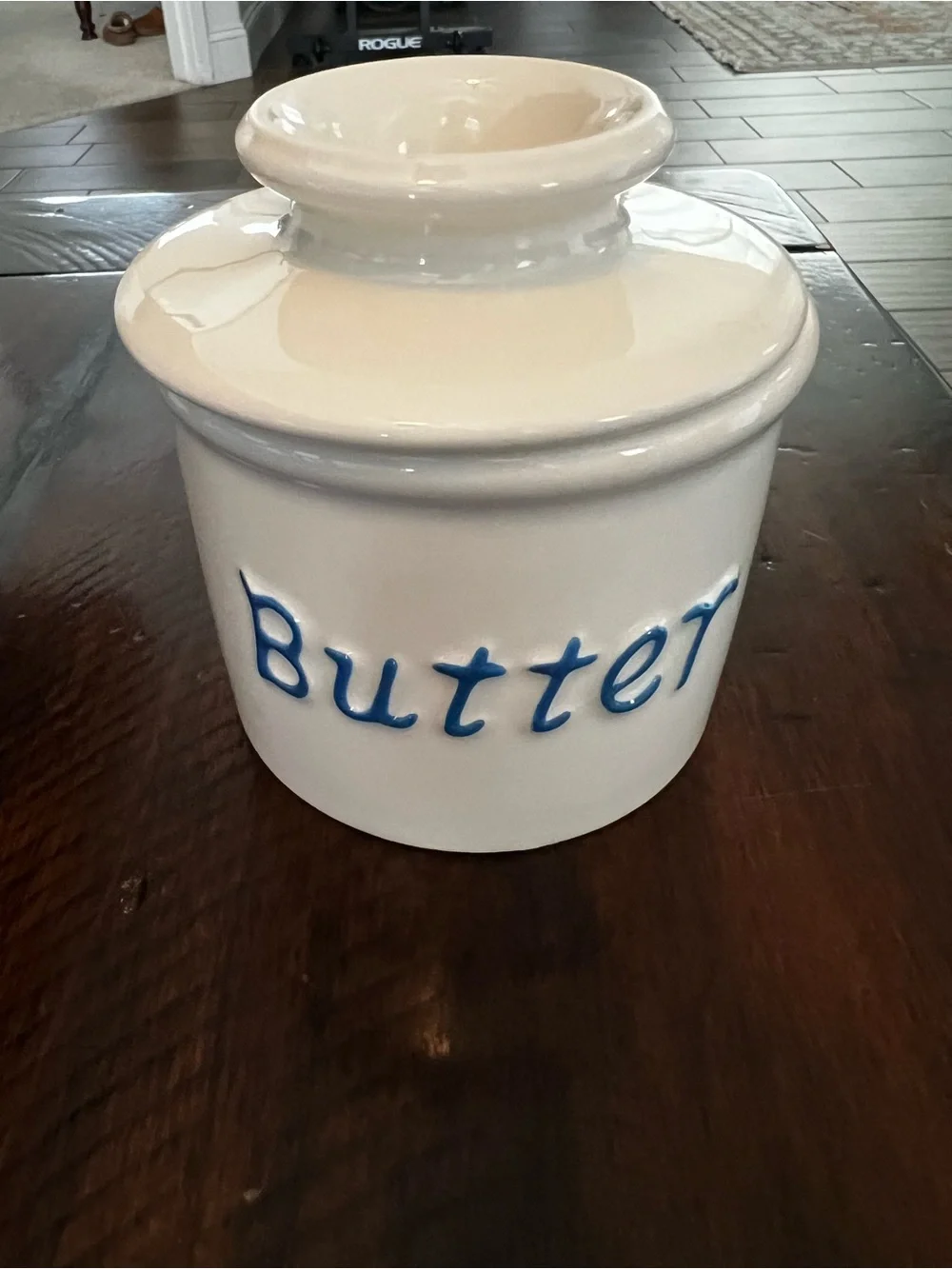 Ceramic Butter Crock - White with Blue Lettering